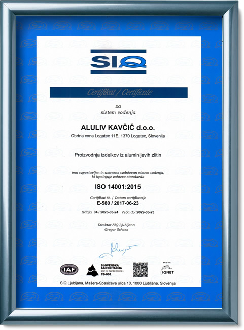 Aluliv Kavčič certifikat ISO iso14001:2015