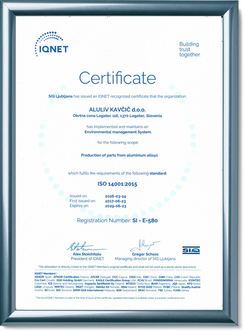 Aluliv Kavčič certifikat ISO 14001:2015